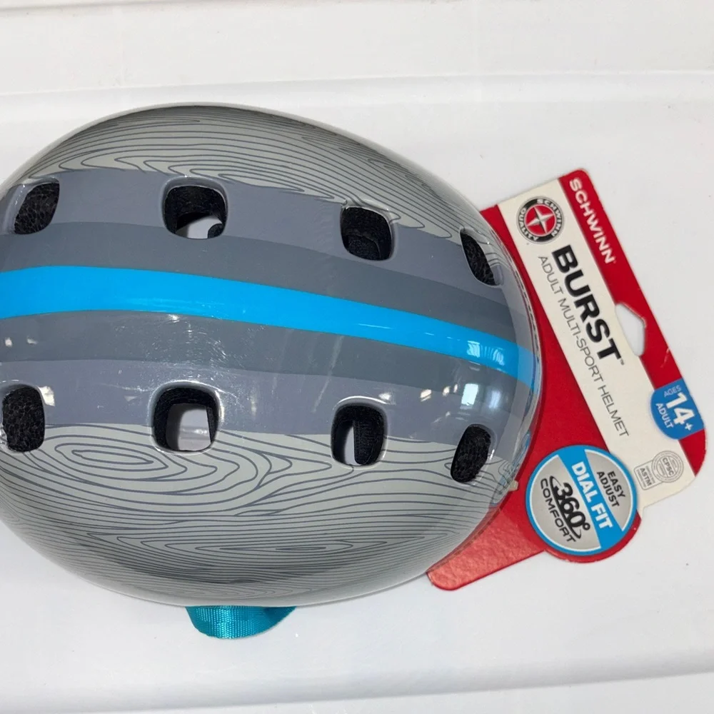 NEW Schwinn Burst Helmet - Gray Shell with Bright Blue Stripe EASY ADJUST - Picture 1 of 6
